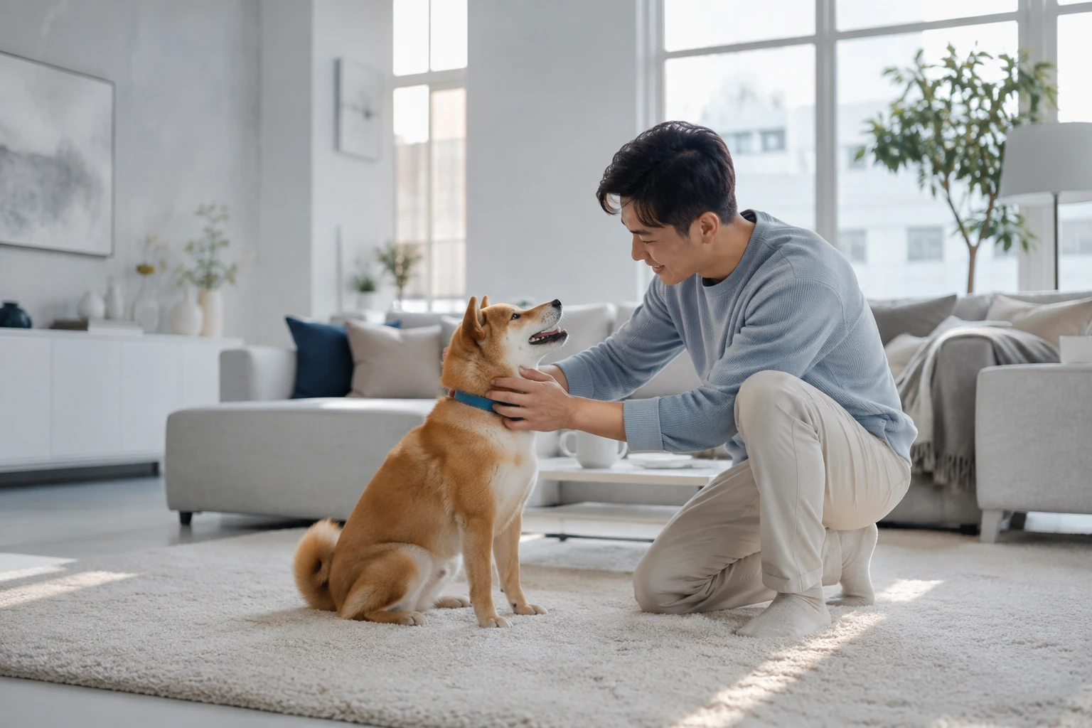 明亮客厅里，主人蹲下观察柴犬的状态，轻抚它的脖颈