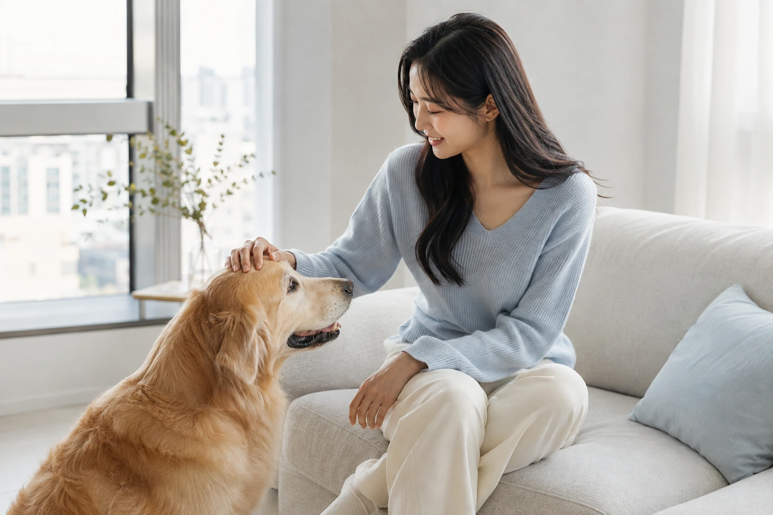 明亮的临窗客厅里，一位女性坐在浅色沙发上，轻抚靠近她的金毛犬